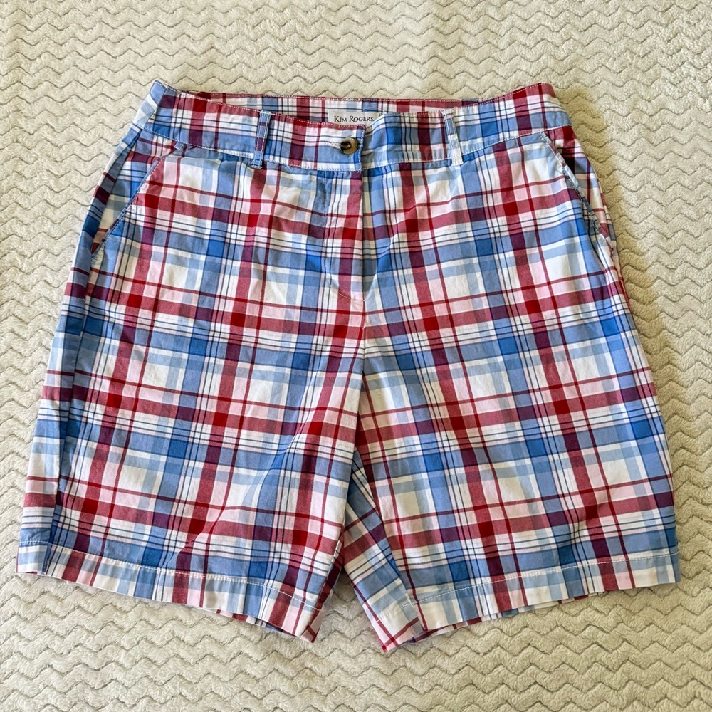 Kim Rogers Plaid Shorts Sz 12, Blue-Red, Chino Flat Front Pockets Zip Fly Casual